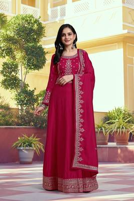 Pink Silk Anarkali Suit Embroidery Kurta Pant with Dupatta Kurta Set for Women 1