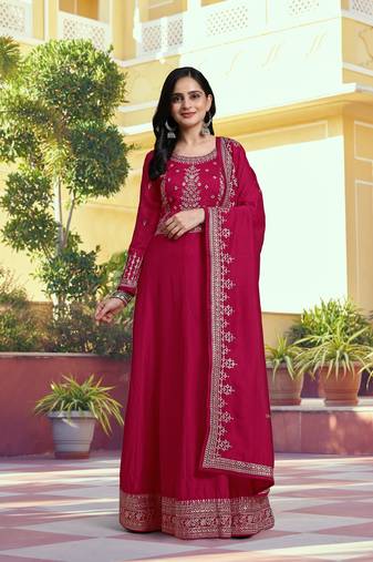 Pink Silk Anarkali Suit Embroidery Kurta Pant with Dupatta Kurta Set for Women
