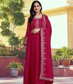Trendmalls Pink Silk Anarkali Suit Embroidery Kurta Pant with Dupatta Kurta Set for Women