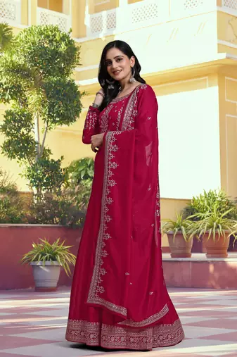 Trendmalls Pink Silk Anarkali Suit Embroidery Kurta Pant with Dupatta Kurta Set for Women