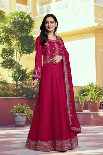 Trendmalls Pink Silk Anarkali Suit Embroidery Kurta Pant with Dupatta Kurta Set for Women