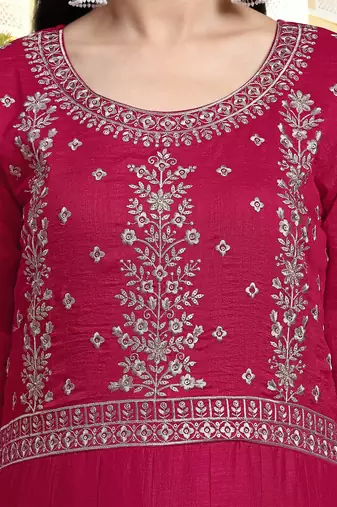 Trendmalls Pink Silk Anarkali Suit Embroidery Kurta Pant with Dupatta Kurta Set for Women