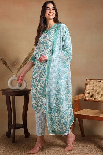 Off white printed blended cotton stitched readymade suit