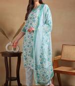 Off white printed blended cotton stitched readymade suit