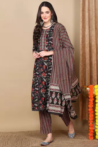 Black printed rayon stitched readymade suit