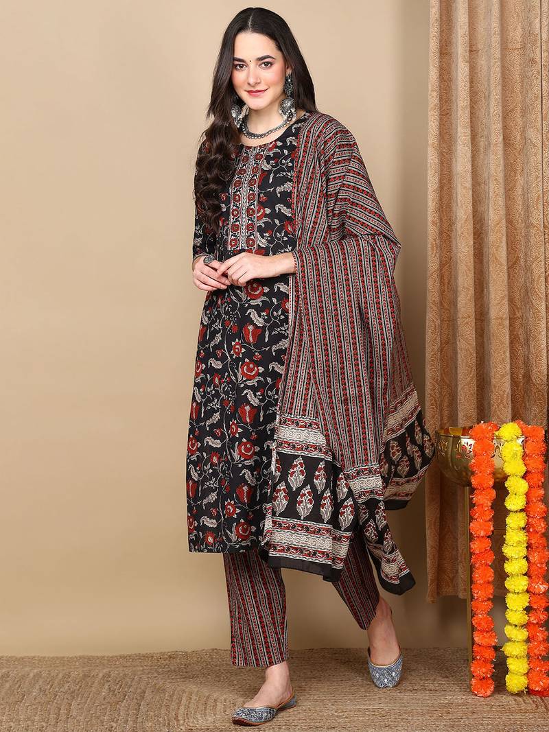 Black printed rayon stitched readymade suit