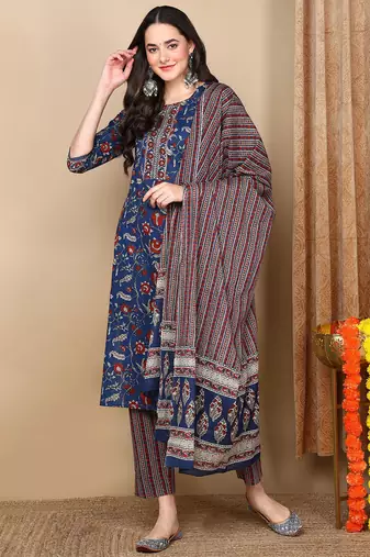 Blue printed rayon stitched readymade suit