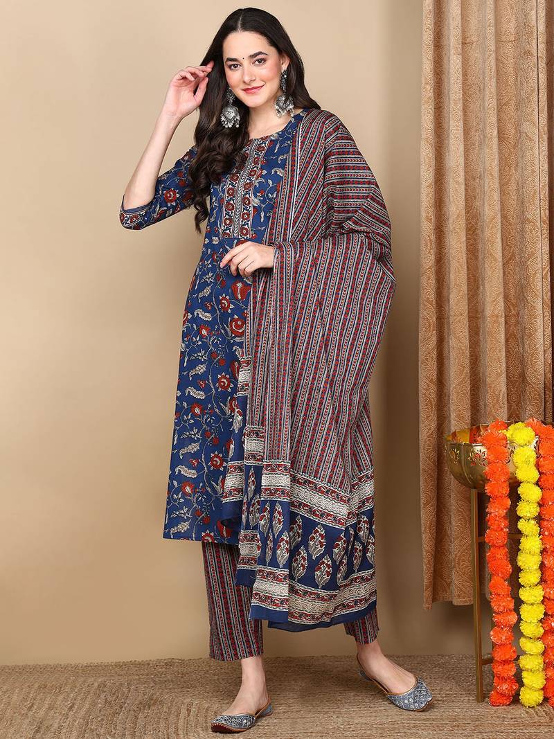 Blue printed rayon stitched readymade suit