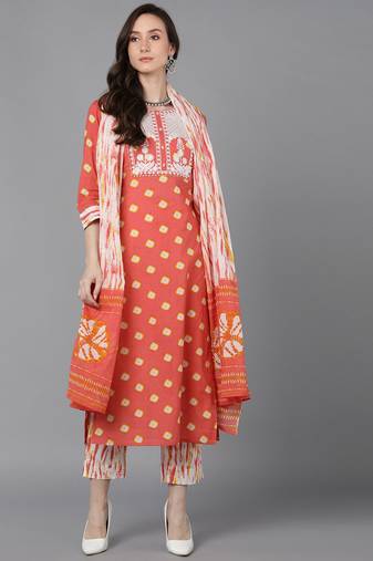 Orange embroidered rayon stitched readymade suit