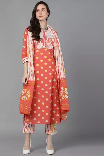 Orange embroidered rayon stitched readymade suit