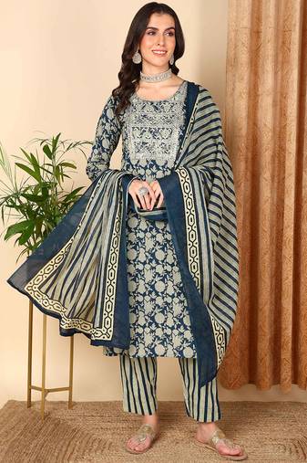 Navy blue embroidered rayon stitched readymade suit