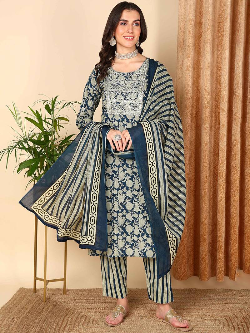 Navy blue embroidered rayon stitched readymade suit
