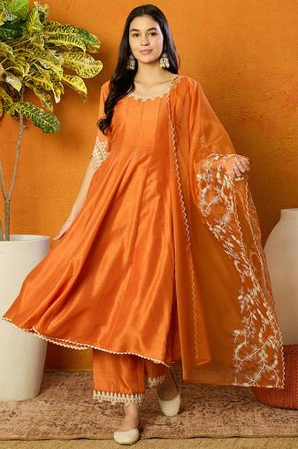 Orange embroidered silk blend stitched readymade suit