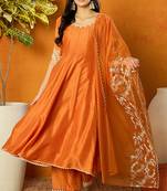 Orange embroidered silk blend stitched readymade suit