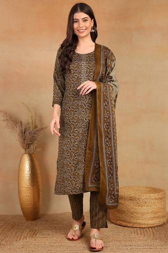 Brown printed blended cotton stitched readymade suit