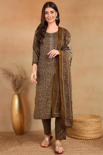 Brown printed blended cotton stitched readymade suit