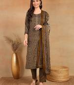 Brown printed blended cotton stitched readymade suit