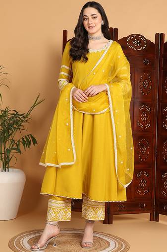 Yellow embroidered silk blend stitched readymade suit
