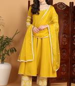 Yellow embroidered silk blend stitched readymade suit