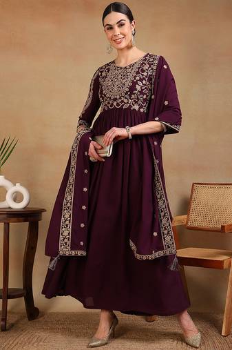 Maroon embroidered georgette stitched readymade suit
