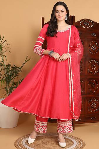 Pink embroidered silk blend stitched readymade suit