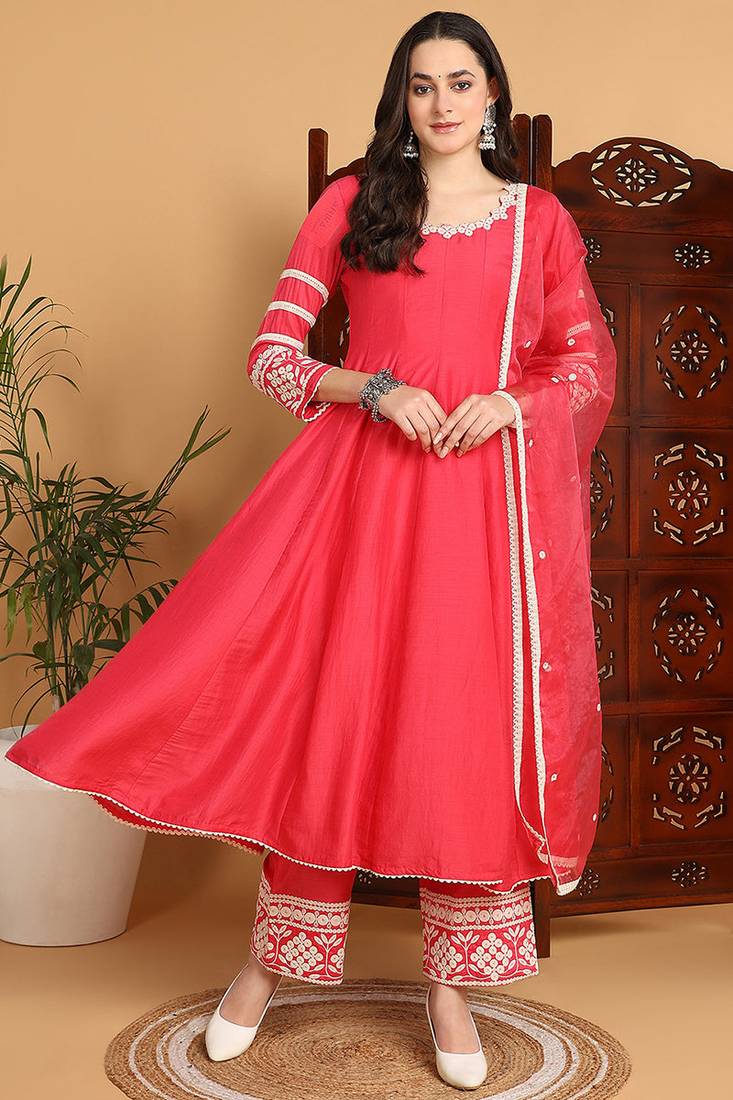 Pink embroidered silk blend stitched readymade suit
