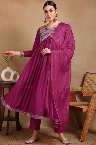 Pink embroidered silk blend stitched readymade suit