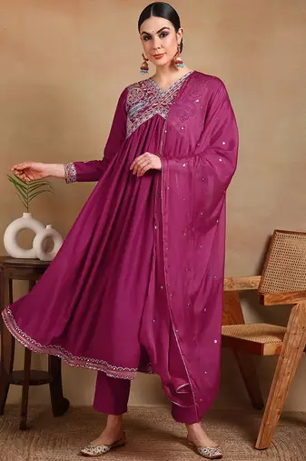 Pink embroidered silk blend stitched readymade suit