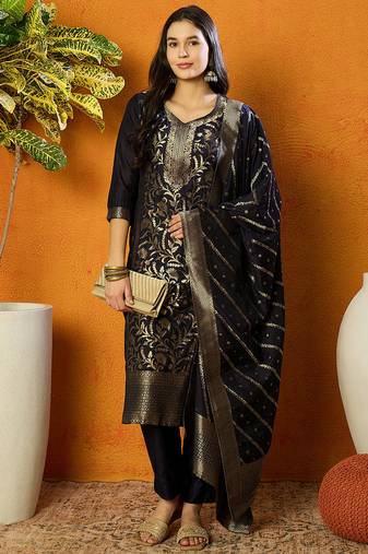 Navy blue embroidered chanderi stitched readymade suit