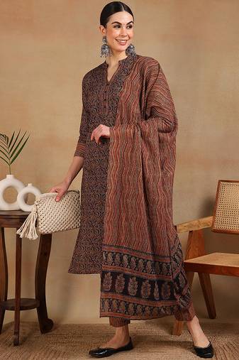 Navy blue printed blended cotton stitched readymade suit