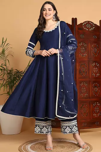 Navy blue embroidered silk blend stitched readymade suit