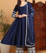 Navy blue embroidered silk blend stitched readymade suit