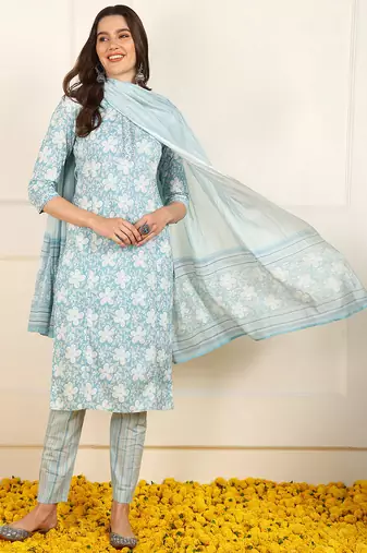 Blue printed pure cotton stitched readymade suit