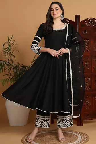 Black embroidered silk blend stitched readymade suit