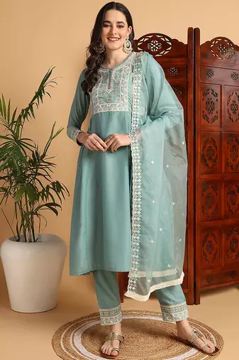 Sea green embroidered silk blend stitched readymade suit