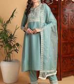 Sea green embroidered silk blend stitched readymade suit