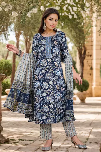Blue printed rayon stitched readymade suit