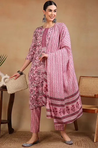 Pink printed rayon stitched readymade suit