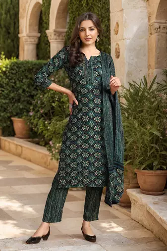 Green printed viscose rayon stitched readymade suit