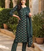 Green printed viscose rayon stitched readymade suit