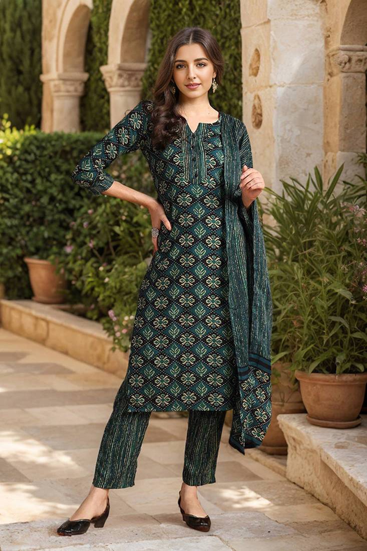 Green printed viscose rayon stitched readymade suit
