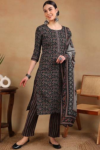 Black embroidered viscose rayon stitched readymade suit