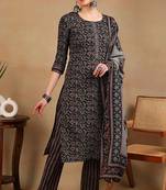 Black embroidered viscose rayon stitched readymade suit