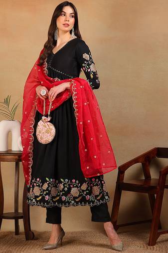 Black embroidered silk blend stitched readymade suit