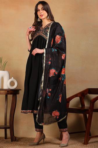 Black embroidered silk blend stitched readymade suit