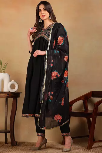 Black embroidered silk blend stitched readymade suit