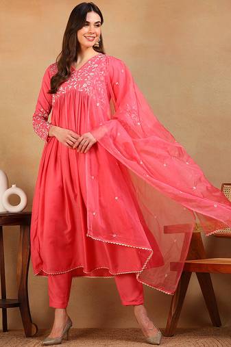 Pink embroidered silk blend stitched readymade suit