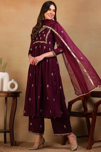 Purple embroidered silk blend stitched readymade suit