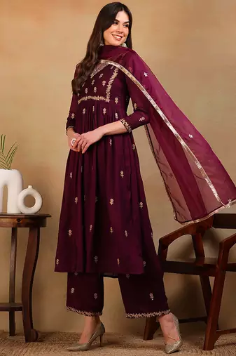 Purple embroidered silk blend stitched readymade suit