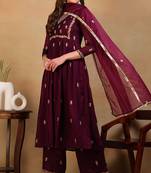 Purple embroidered silk blend stitched readymade suit